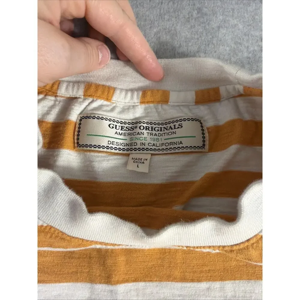 Vintage Guess Jeans USA Striped T‑Shirt Men’s Large 90s Yellow Cotton Logo - Picture 5 of 8